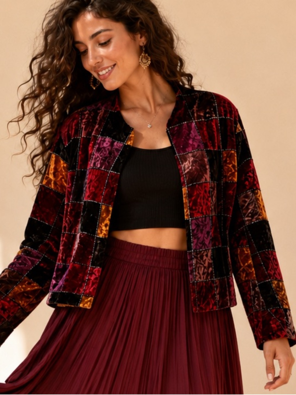 Willow Ridge Patchwork Velvet Jewel Tone Open Front Jacket Blazer